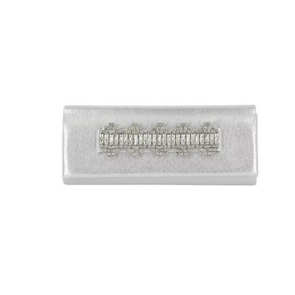 INC Ribbon crystal embellished women's clutch evening bag- METALLIC SILVER - Picture 1 of 10